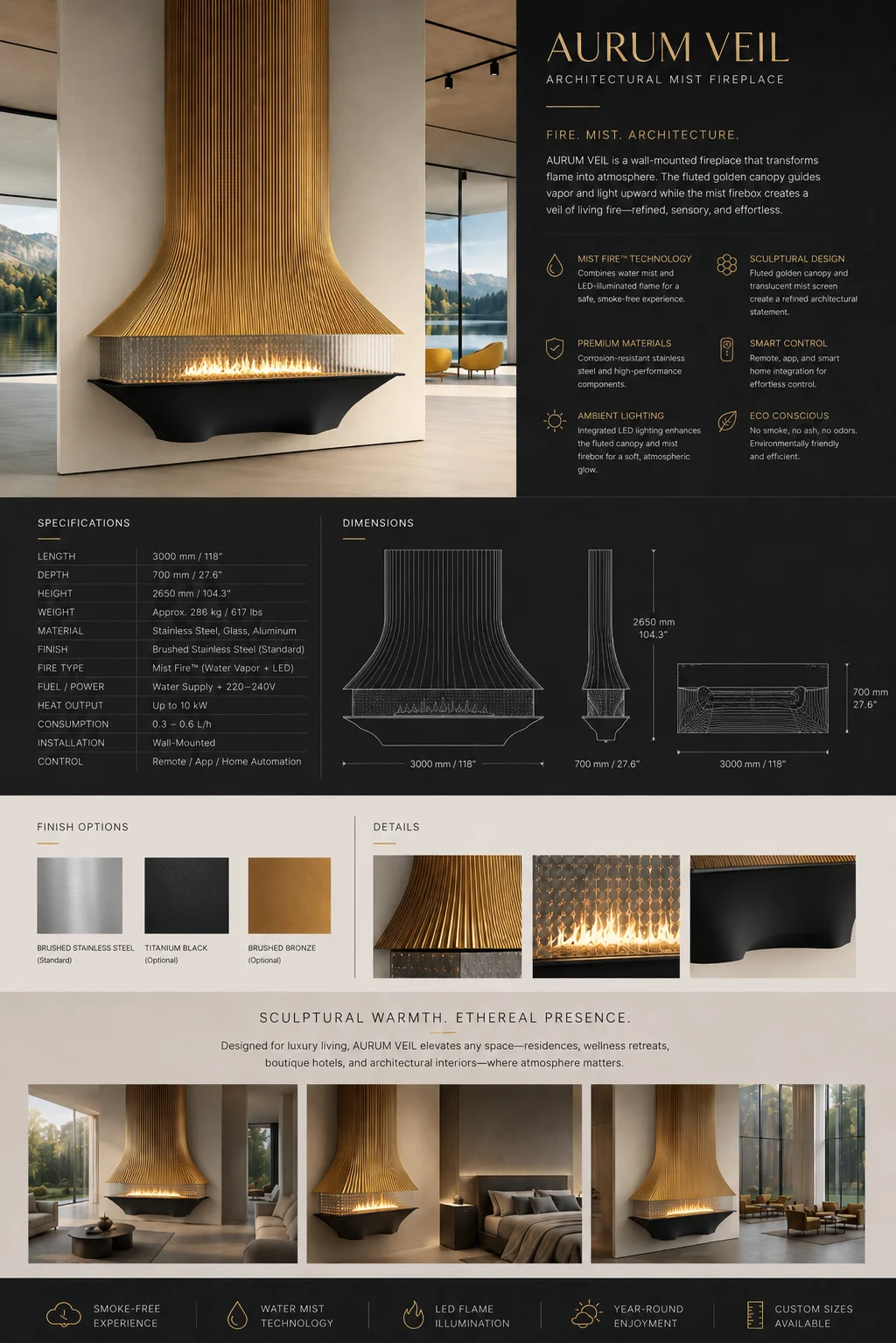 Visualization-stage Aurum Veil concept board showing a suspended golden sculptural fire feature.