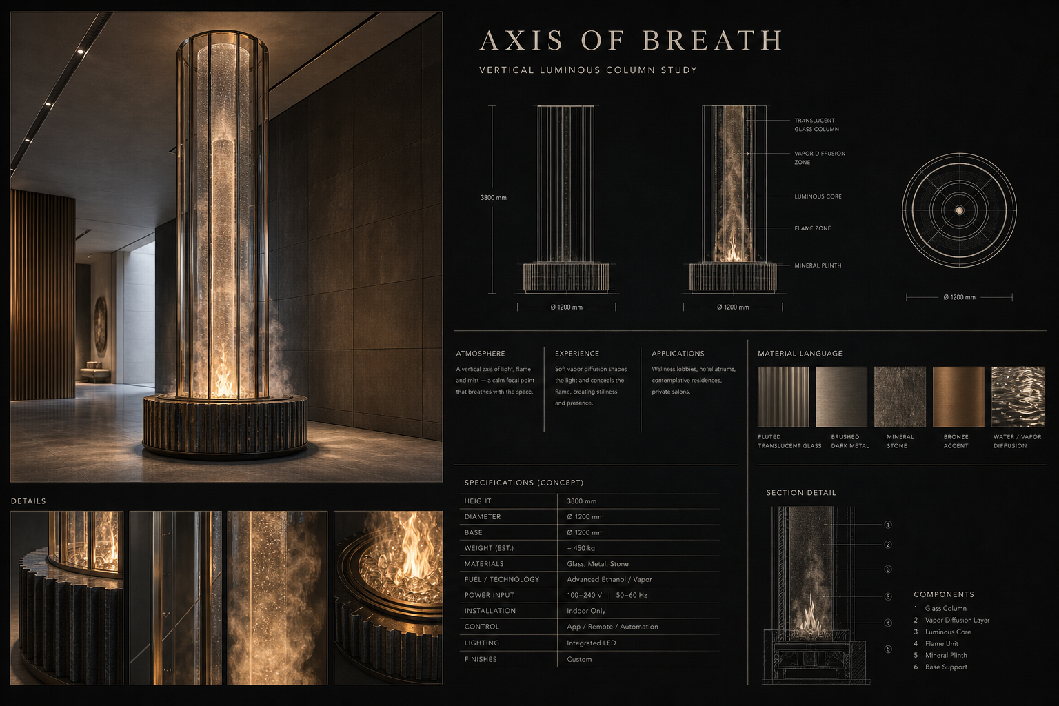 Concept board for Axis of Breath, a vertical luminous column fire study with material samples, elevations, and section details.