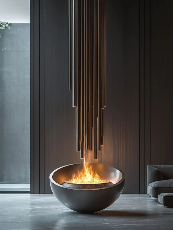 Concept study of Vesta / Column, a brass tube bowl fireplace with controlled ember glow and reflective metal presence.