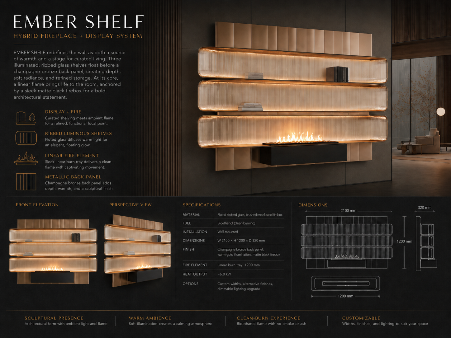 Design dossier for Ember Shelf, a wall-mounted illuminated display centerpiece with ribbed glass shelves and a linear fire element.