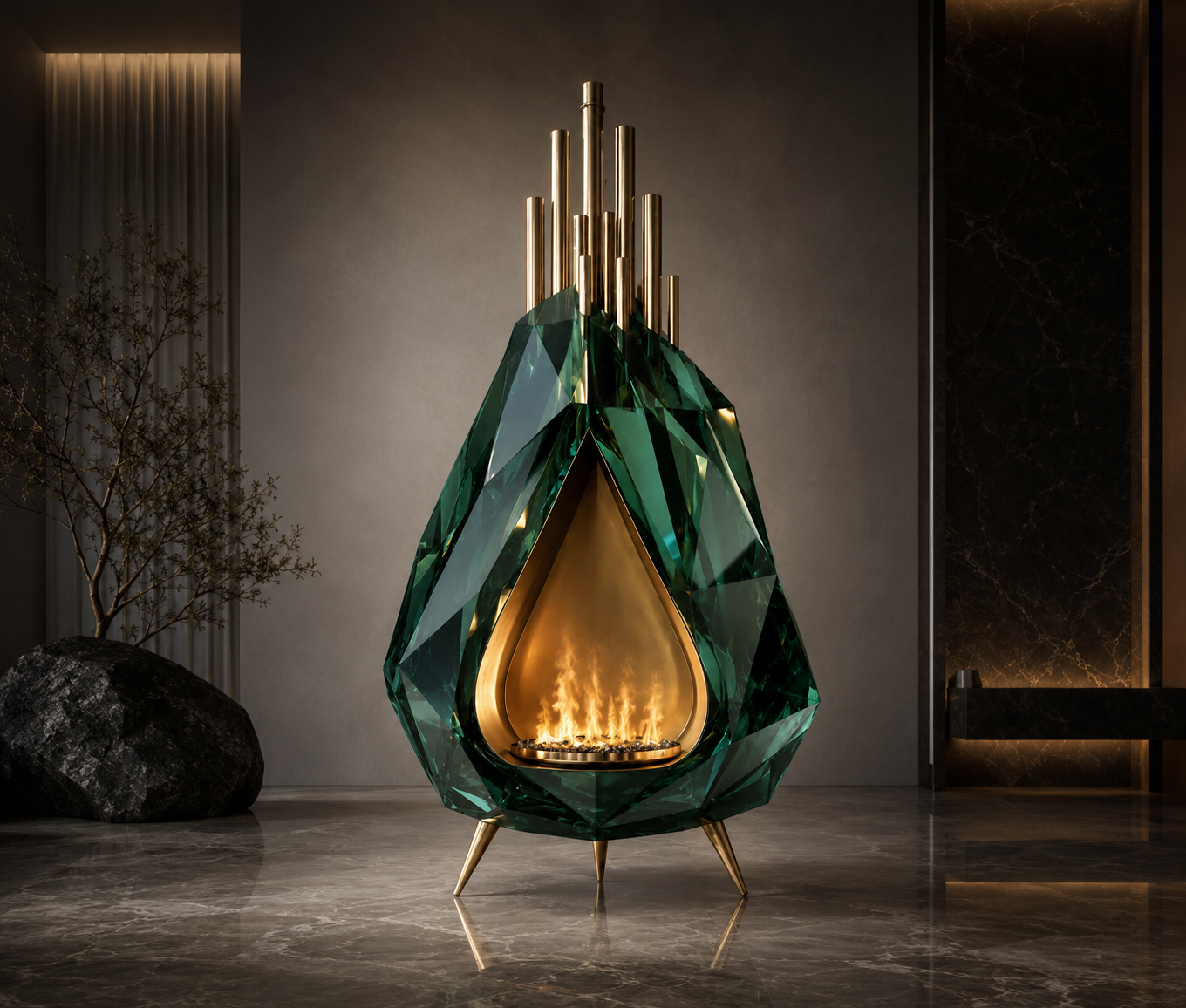 Design proposal image of an emerald faceted lantern-like fire object on slender supports.