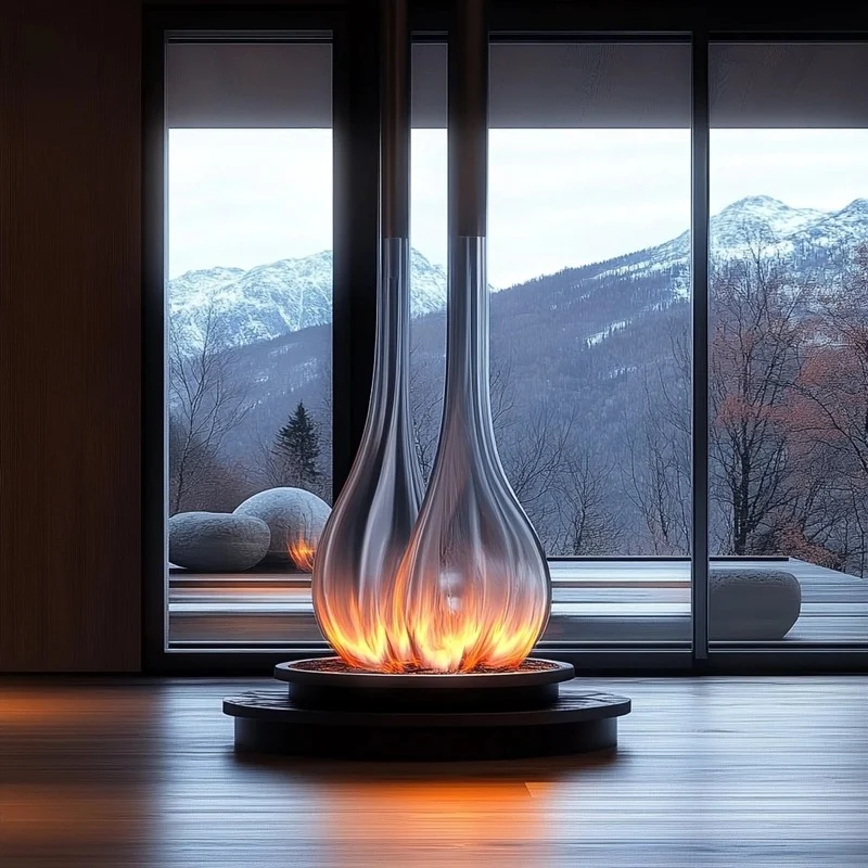 Concept study of a glass teardrop fire object by a large window with mountain views.